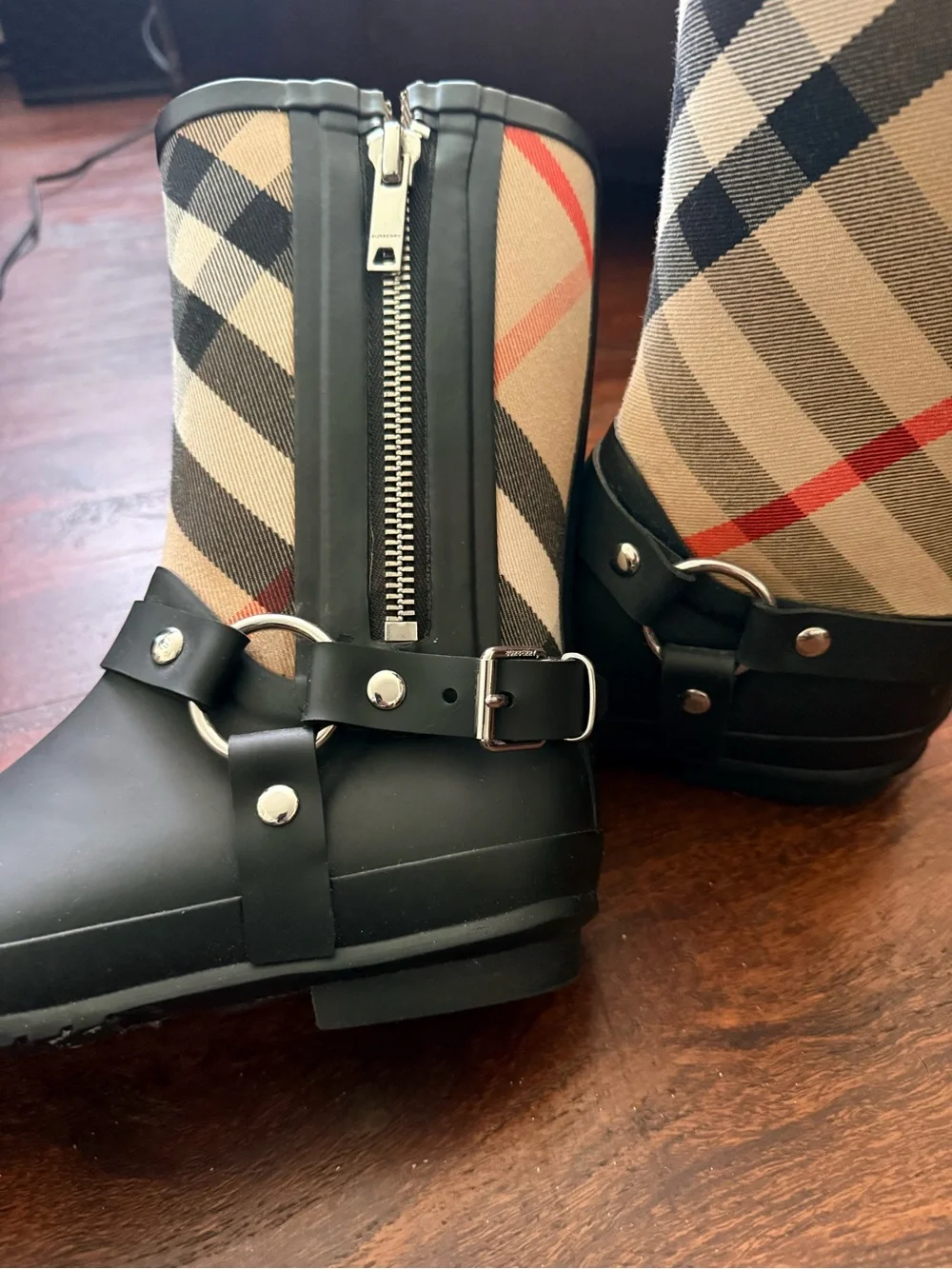 Burberry Black & Beige Plaid Harness Rain Boots